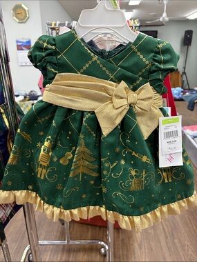 Bonnie Baby Green and Gold Nutcracker Holiday Dress